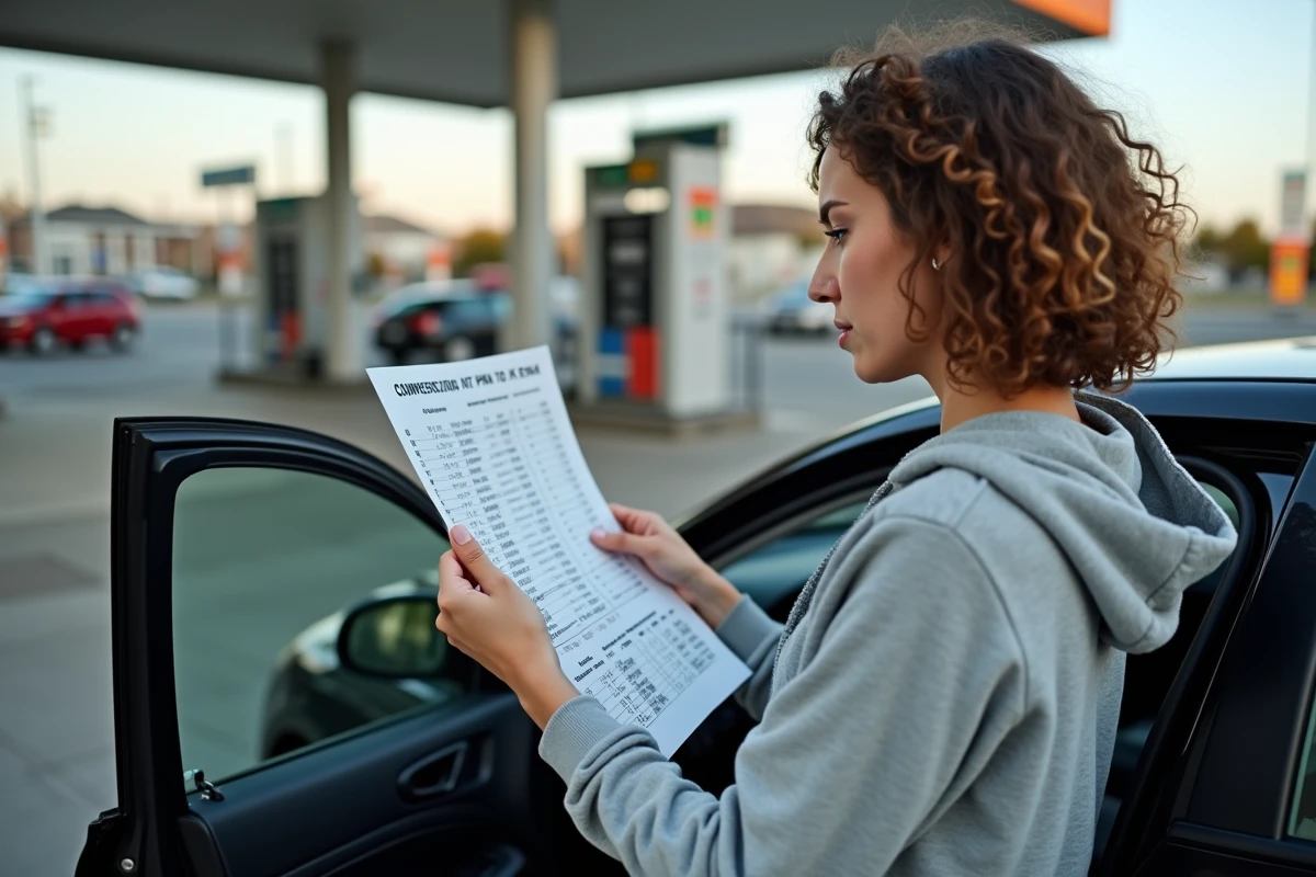 Femme consultant une table de conversion mph kph à côté d'une voiture de location dans une station-service européenne