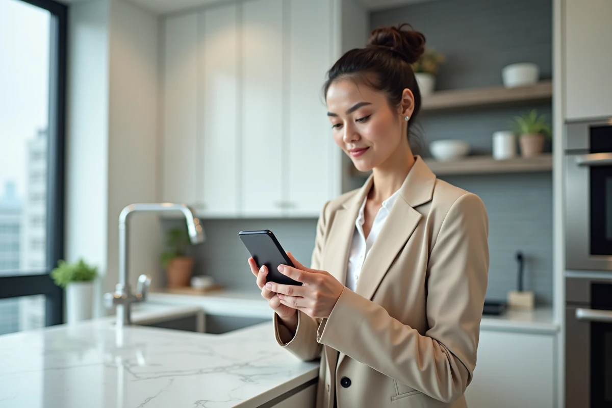 Femme consultant un site de demande de permis sur son smartphone dans une cuisine moderne