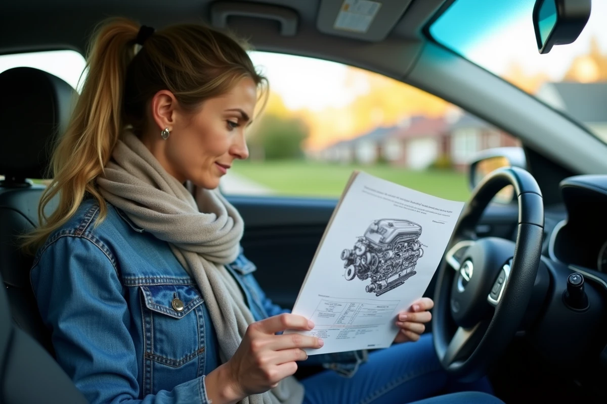 Femme regardant un diagramme moteur dans sa voiture
