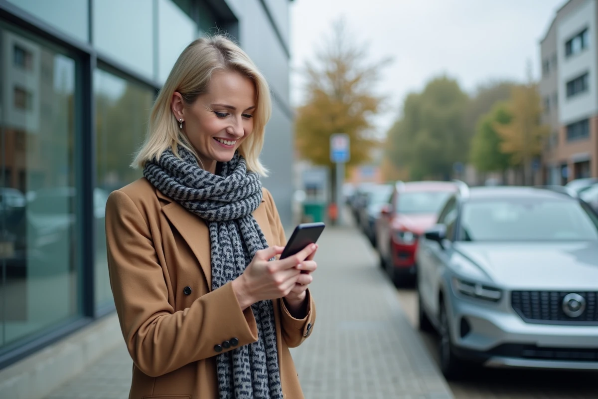 Femme souriante utilisant son smartphone devant une voiture neuve