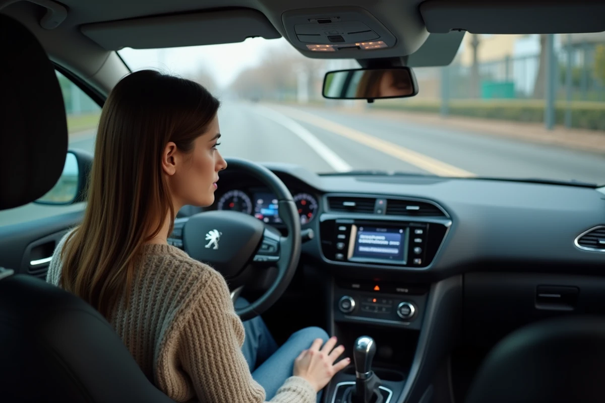 Femme dans l’habitacle de la Peugeot consulte un code