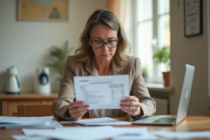 Femme vérifiant son dossier de sinistre Macif avec des documents d'assurance sur une table