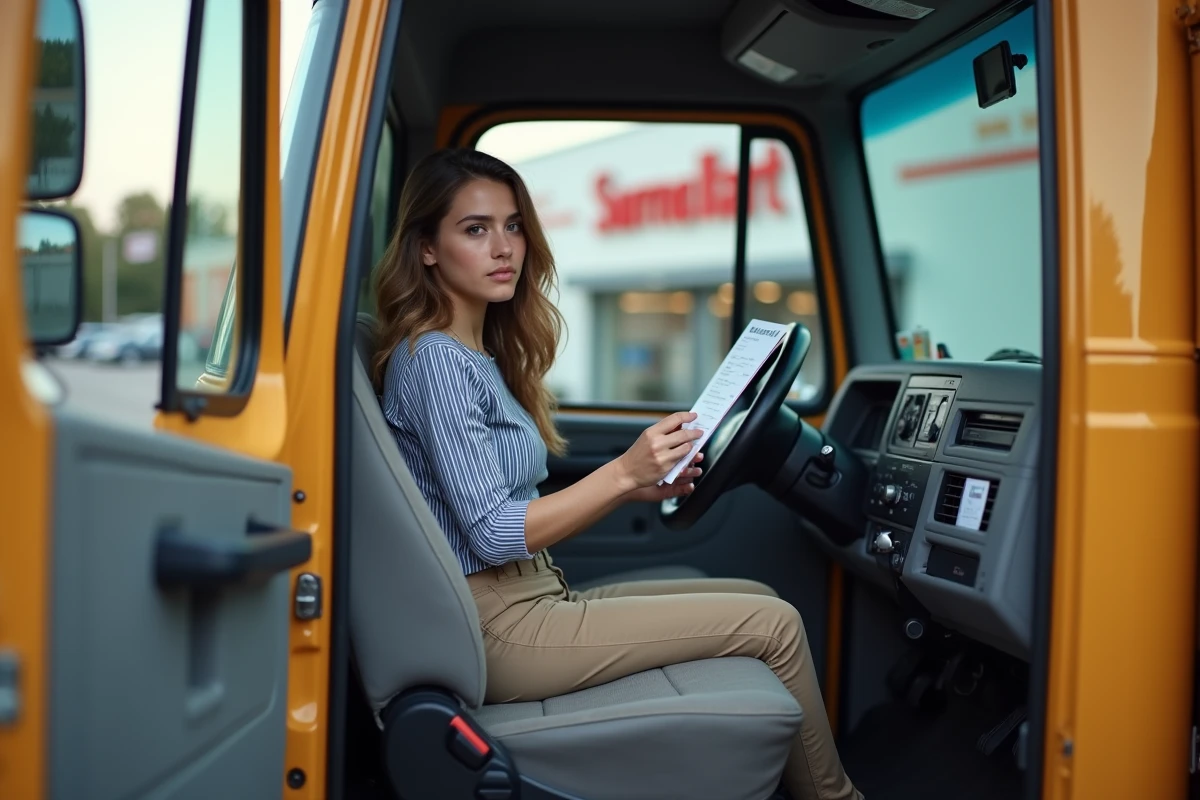 Femme consultant une facture de location dans la cabine d'un camion de supermarché