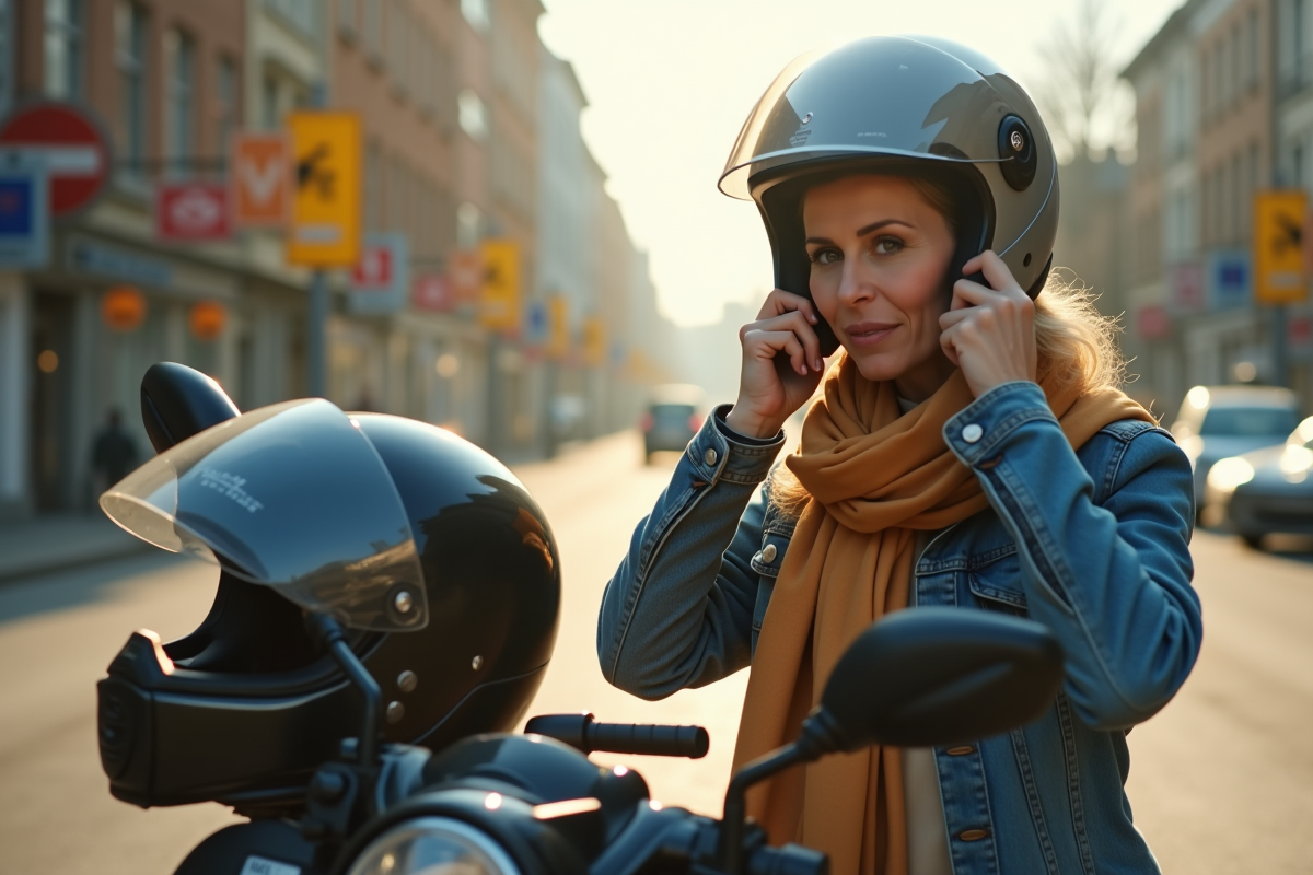 Femme attachant son casque à côté d