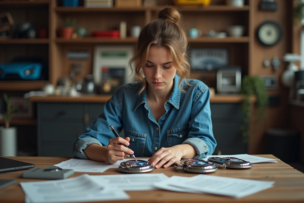 Jeune femme comparant deux logos de voiture au bureau