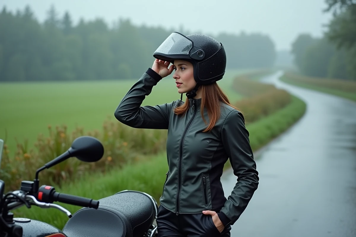 Jeune femme ajustant son casque sous la pluie à la campagne