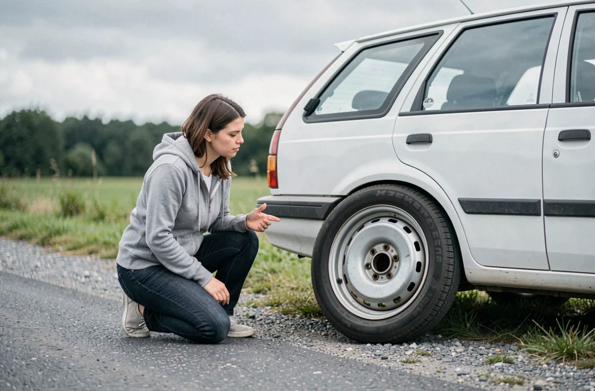 Femme en panne sur le bord de la route examinant sa roue de secours à côté d'un pneu crevé