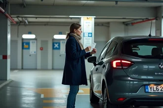 Femme en manteau navy dans parking moderne de Colmar