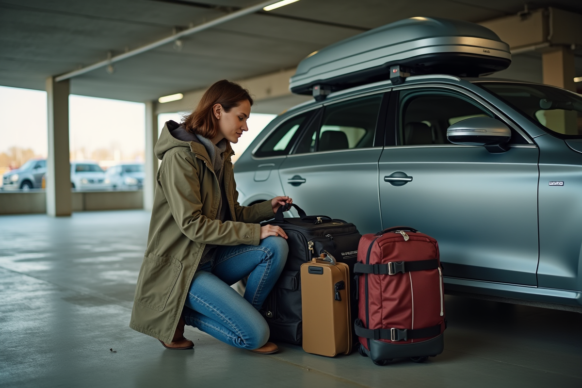 Femme préparant ses bagages dans un parking souterrain