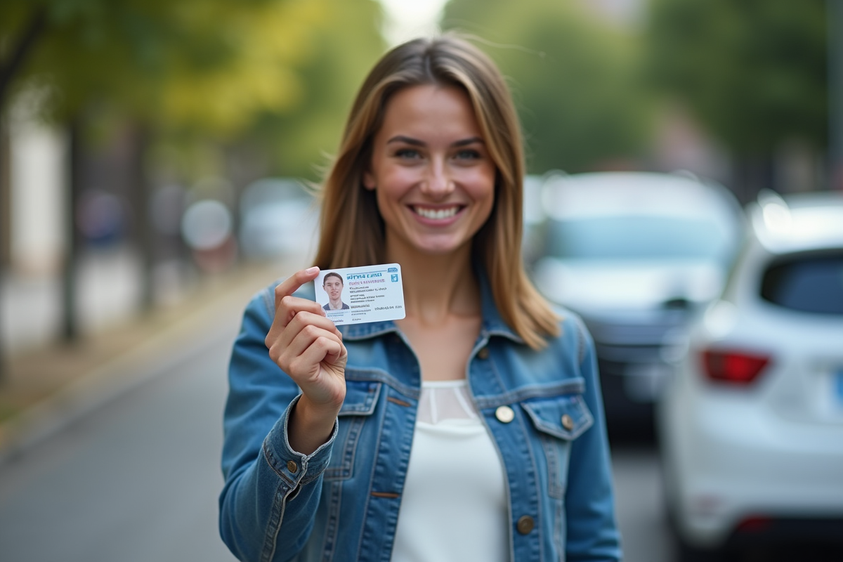 Jeune femme souriante tenant son permis de conduire dehors
