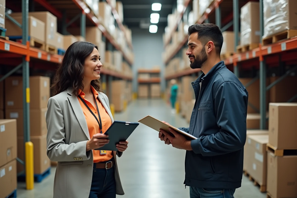 Femme professionnelle discutant avec gestionnaire en stock
