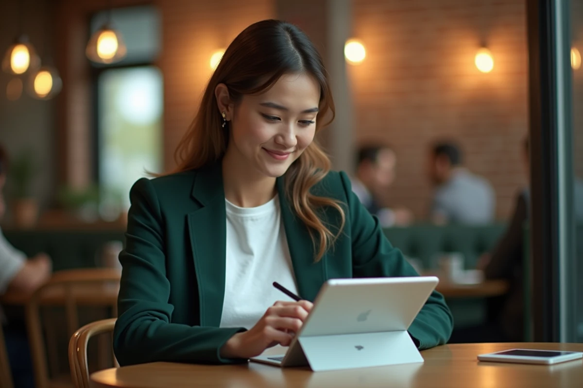 Jeune femme utilisant une tablette pour un questionnaire de vérification de permis de conduire dans un café