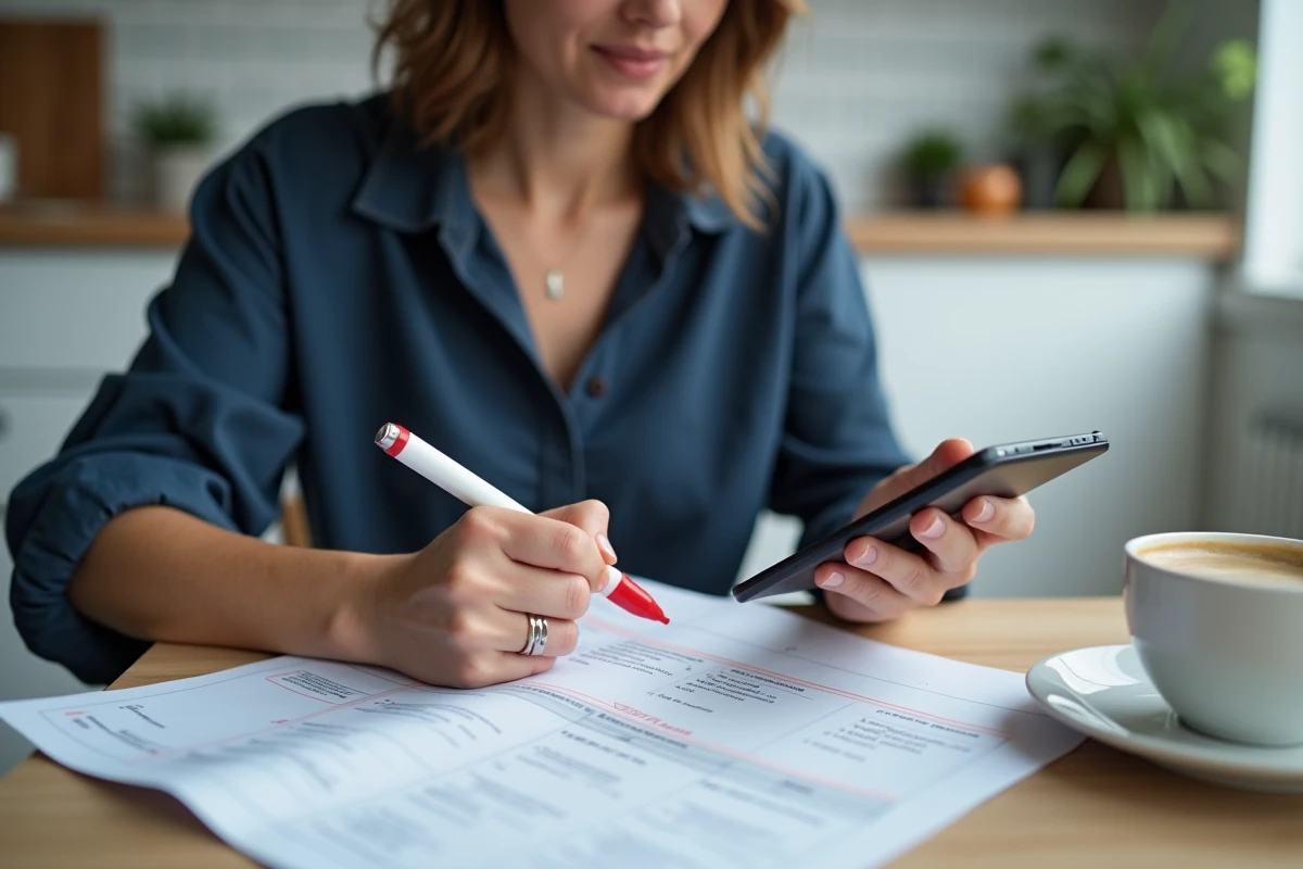 Femme rayant sa carte grise avec un marqueur rouge en consultant son smartphone pour la déclaration de cession
