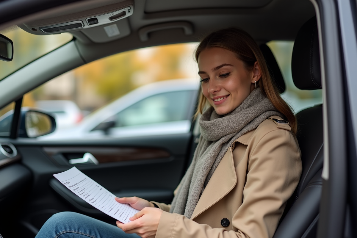 Femme souriante vérifiant un reçu dans une voiture à Paris
