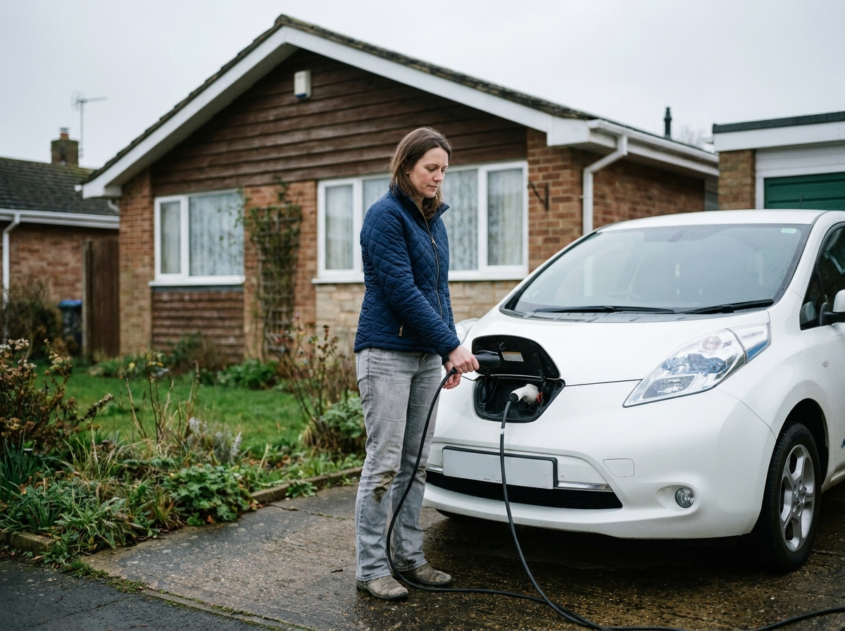 Femme branchant le câble de recharge d'une Nissan Leaf blanche dans une allée résidentielle