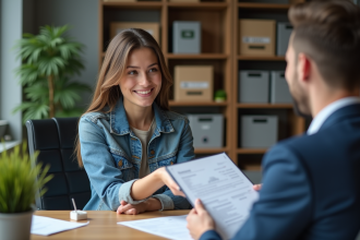 Jeune femme remet des papiers d'assurance à un agent