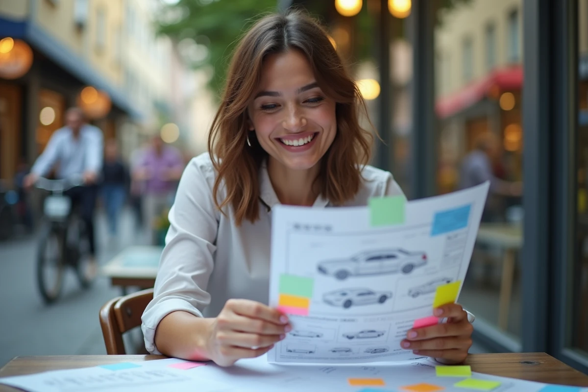 Femme souriante vérifiant un schéma de véhicule en extérieur