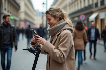 Femme souriante avec scooter &eacute;lectrique &agrave; Paris