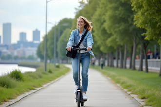 Femme souriante en scooter électrique sur un sentier urbain au bord de la rivière