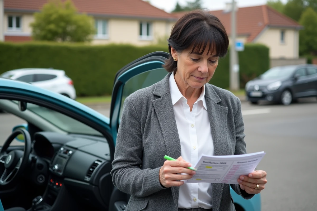 Femme v&eacute;rifiant permis 2026 &agrave; c&ocirc;t&eacute; de sa voiture en ext&eacute;rieur