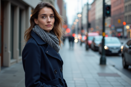 Jeune femme en trench bleu dans la ville