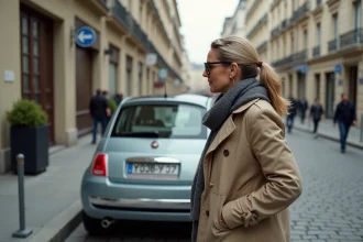 Femme française examine la plaque d'une voiture en ville