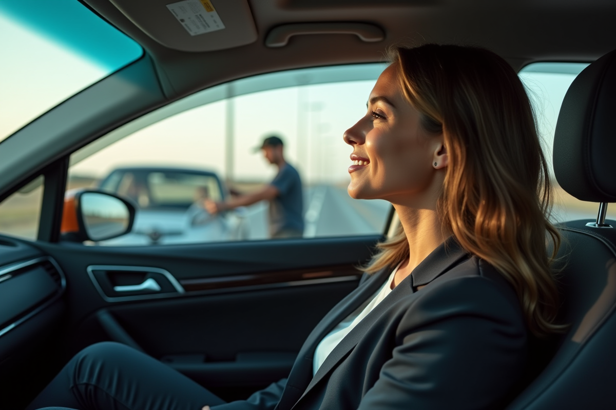 Femme détendue dans sa voiture avec assistance en arrière-plan