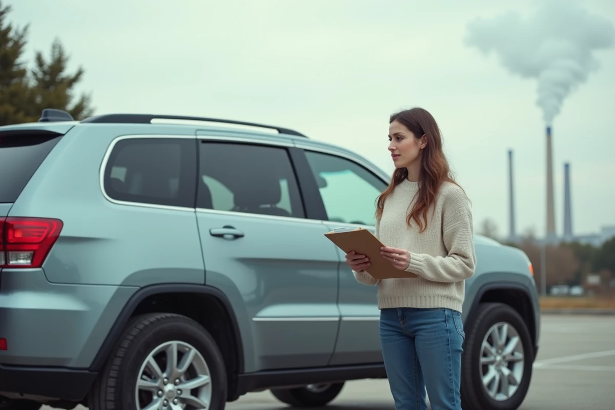 Jeune femme à côté d’un SUV ancien émettant des fumées en extérieur