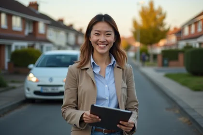 Femme souriante avec une voiture en quartier r&eacute;sidentiel