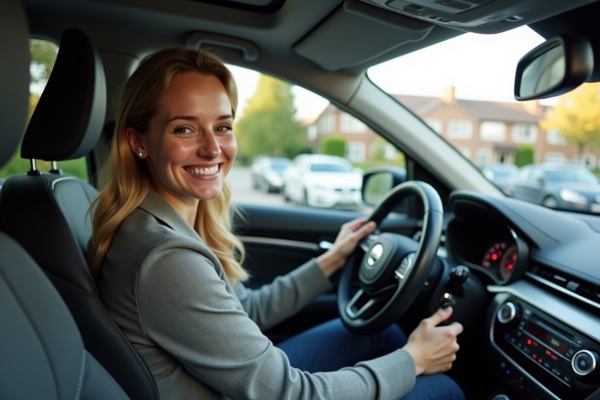 Jeune femme souriante dans sa voiture après démarrage