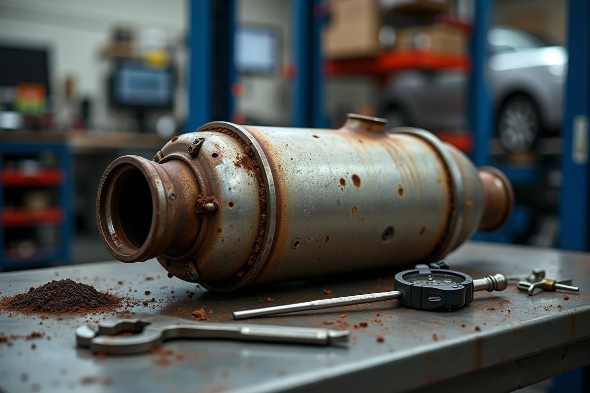 Filtre à particules FAP retiré posé sur un établi de garage avec outils professionnels, montrant dépôts de carbone et oxydation