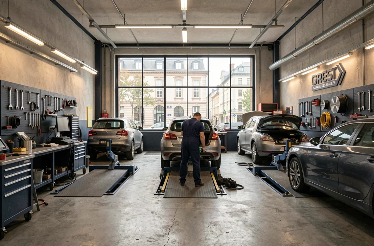Technicien du Garage des Halles à Brest effectuant un contrôle de géométrie
