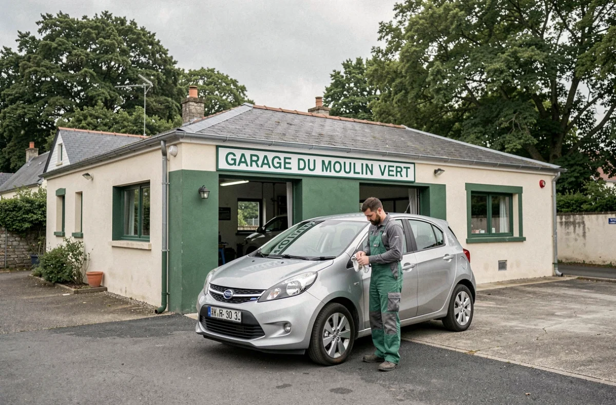 Mécanicien du Garage du Moulin Vert devant la façade verte de l'atelier