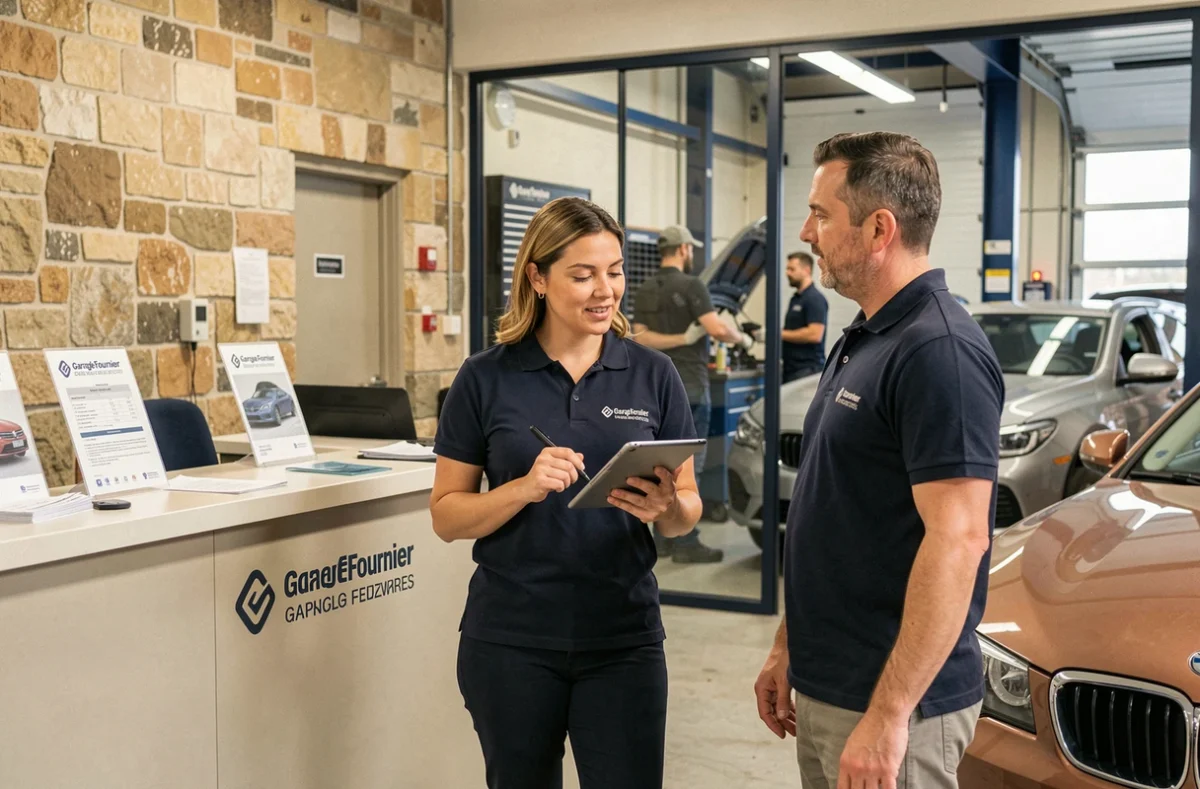 Conseillère du Garage Fournier présentant un devis sur tablette à un client