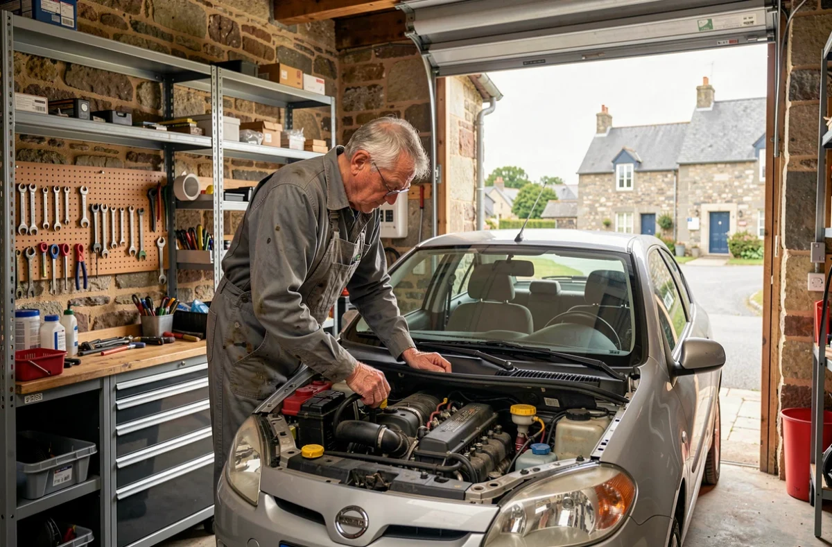 Mécanicien du Garage Rannou à Dineault inspectant un moteur de voiture