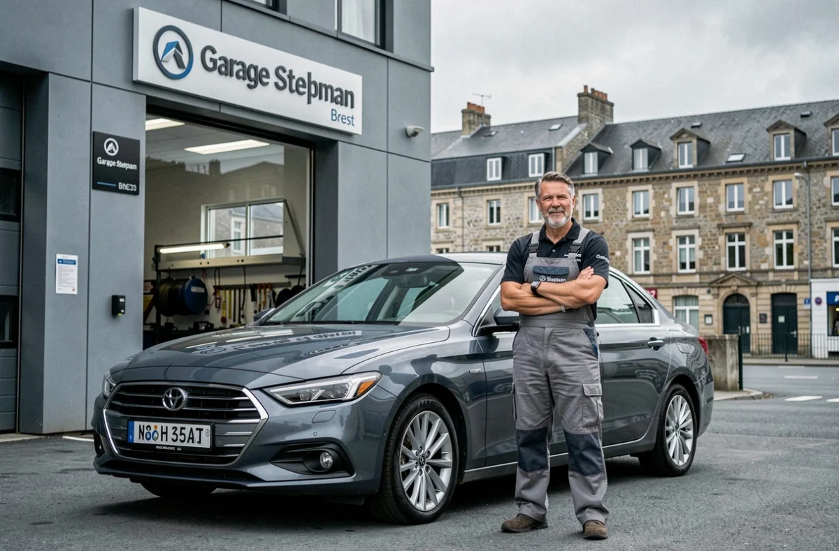 Propriétaire du Garage Stephan à Brest devant la façade de l'établissement