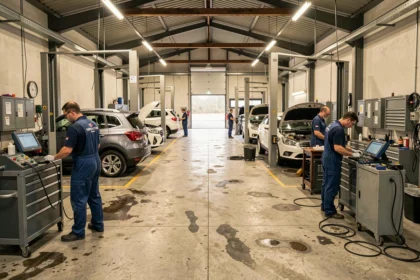 Vue d'ensemble d'un garage automobile dans le Finistère avec mécaniciens au travail