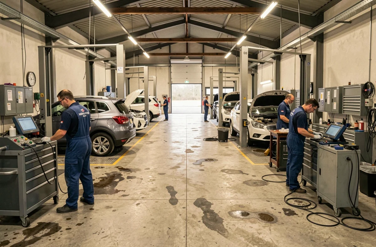 Vue d'ensemble d'un garage automobile dans le Finistère avec mécaniciens au travail