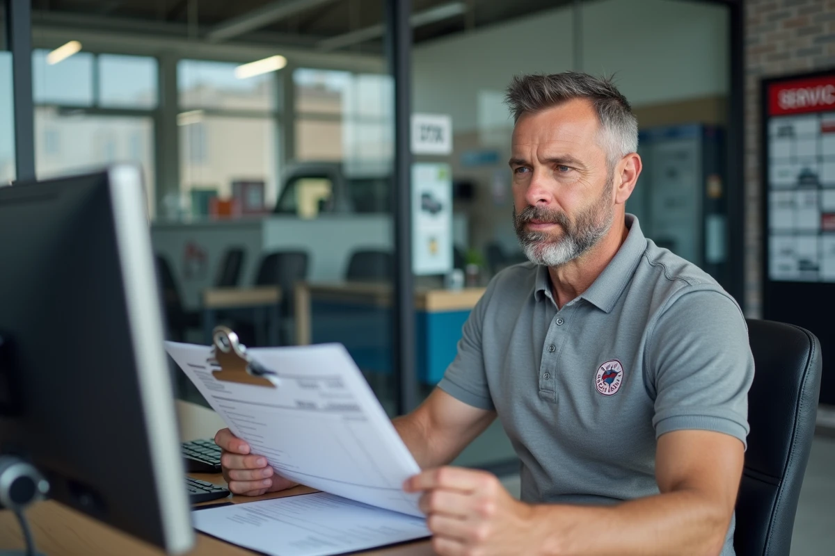 Garagiste professionnel examinant une facture de prestation pour suppression FAP au comptoir d'accueil d'un atelier automobile moderne