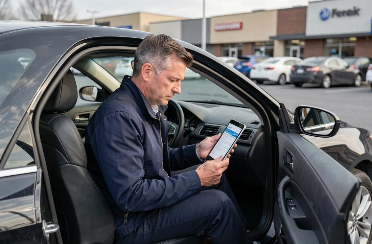 Chauffeur VTC assis dans sa voiture consultant un document de garantie conducteur sur une tablette numérique