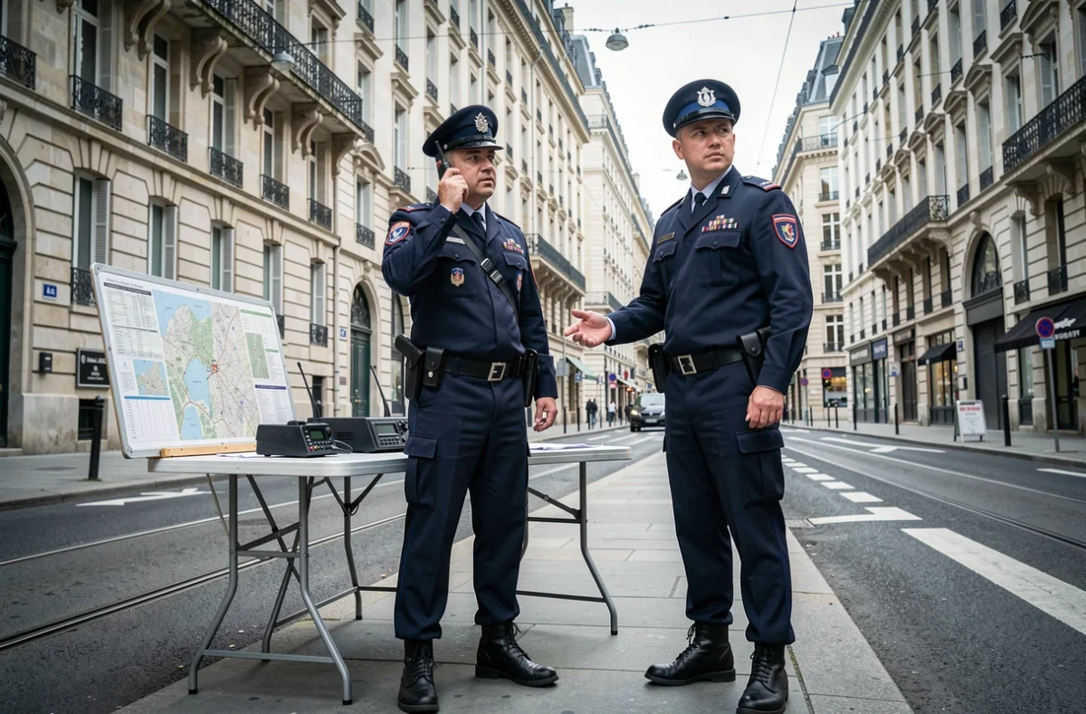 Deux gendarmes français en uniforme près d'un poste de commandement mobile à Rennes, l'un parlant dans un talkie-walkie, rue barrée visible en arrière-plan