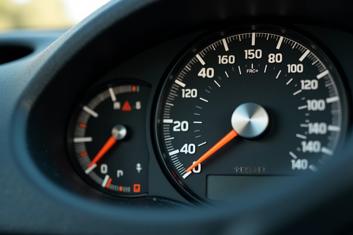 Gros plan sur un compteur de vitesse de voiture de location affichant les échelles mph et kph en double graduation