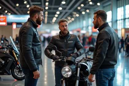 Groupe de motards discutant d'une moto en convention