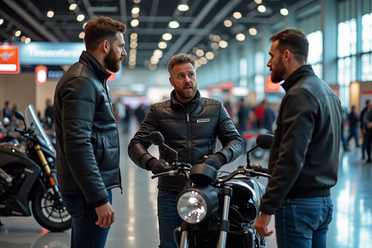 Groupe de motards discutant d'une moto en convention