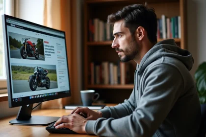 Homme consultant l'actualité automobile et moto sur un site web depuis son bureau à domicile