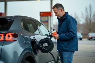 Homme avec additif carburant près d'une Peugeot moderne