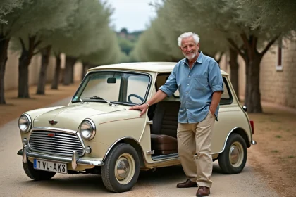 Homme &acirc;g&eacute; avec Mini Moke dans un d&eacute;cor m&eacute;diterran&eacute;en