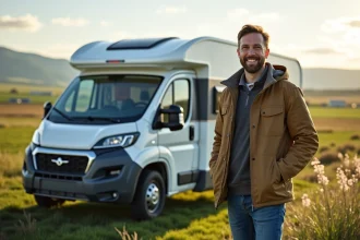 Homme souriant avec camper dans la campagne paisible