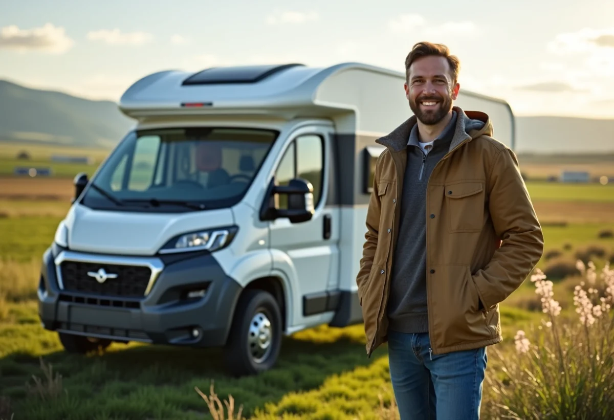 Homme souriant avec camper dans la campagne paisible