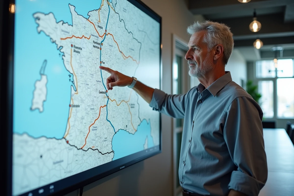 Homme d'affaires devant un écran mural affichant la carte simplifiée des autoroutes françaises en bureau moderne